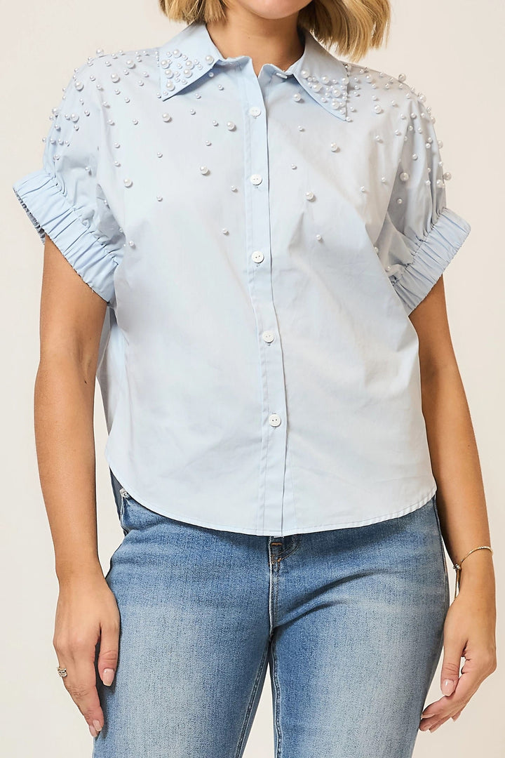 Cozy Co. Angie Pearl Studded Button-Up Top, stylish casual top with pearl-studded details and classic button-up design.