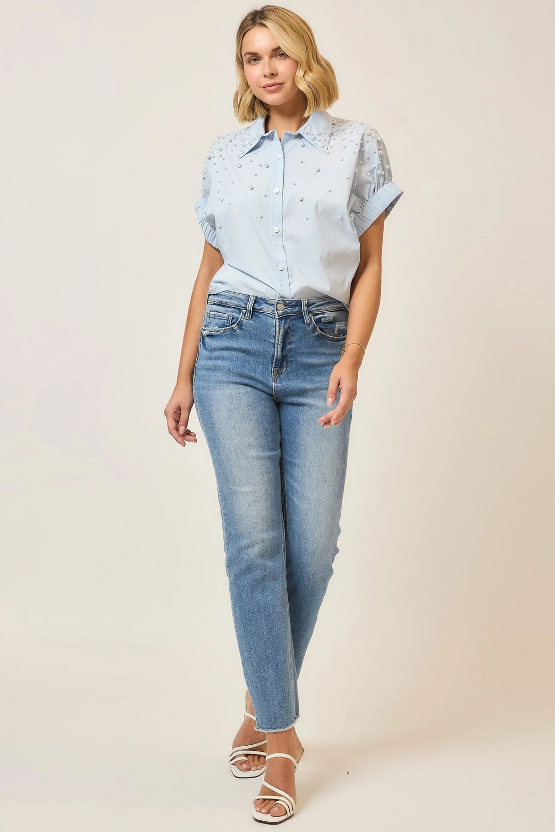 Cozy Co. Angie Pearl Studded Button Up Top, stylish women&