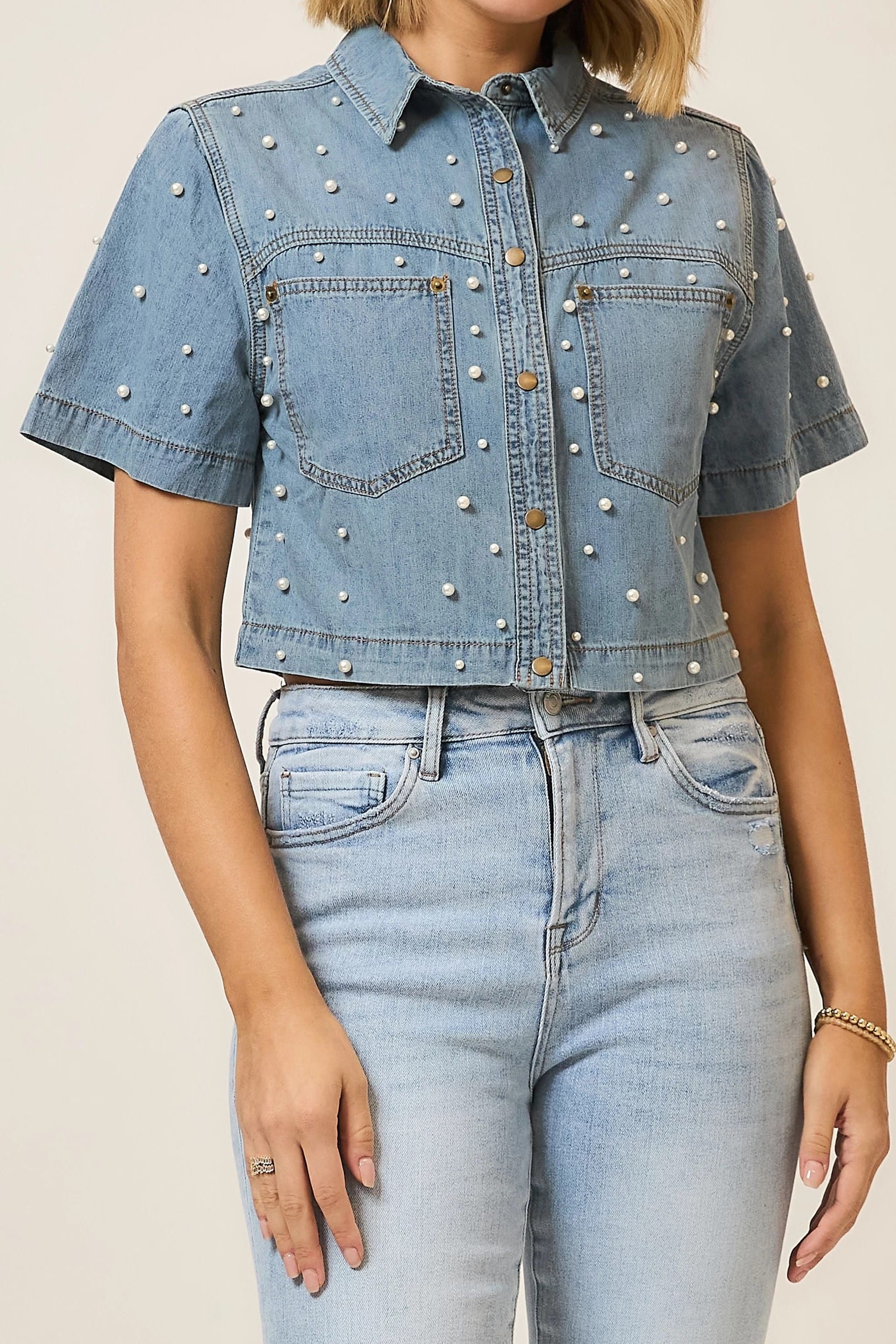 Callie Pearl Studded Top – Teal Poppy