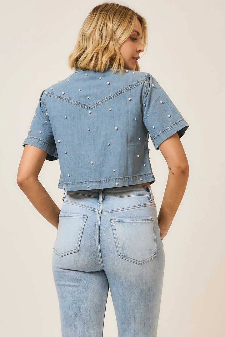 Cozy Co. Callie Pearl Studded Top featuring elegant pearl embellishments and a stylish design, perfect for a chic look.