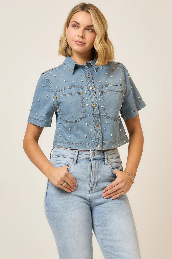 Cozy Co. Callie Pearl Studded Top featuring a stylish design with pearl embellishments and a comfortable fit for casual wear.