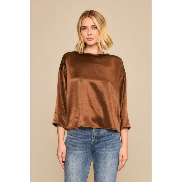 Cozy Co. Top Coffee / S Lyra Satin Cropped Blouse