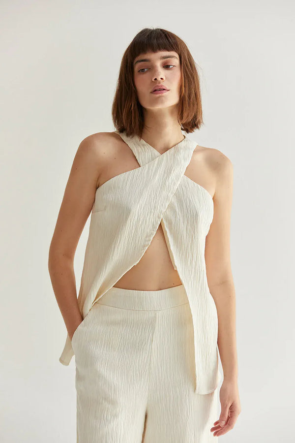Crescent Set Cream / XS Bella Halter Crossover Two-Piece Set