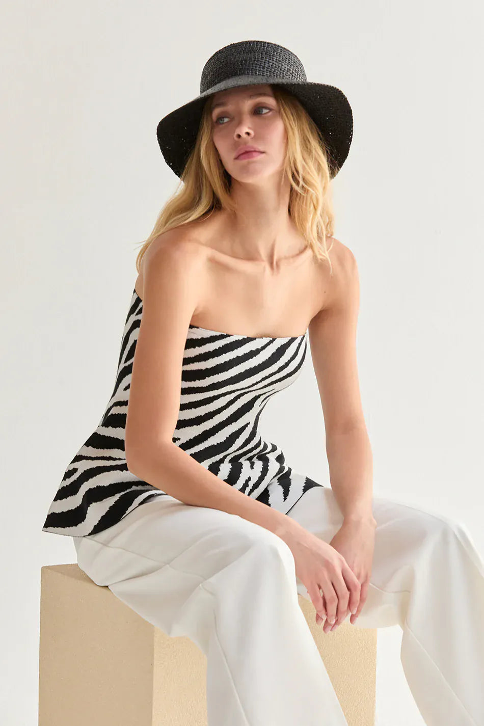 Crescent Top Izzy Zebra Print Jacquard Knit Peplum Top