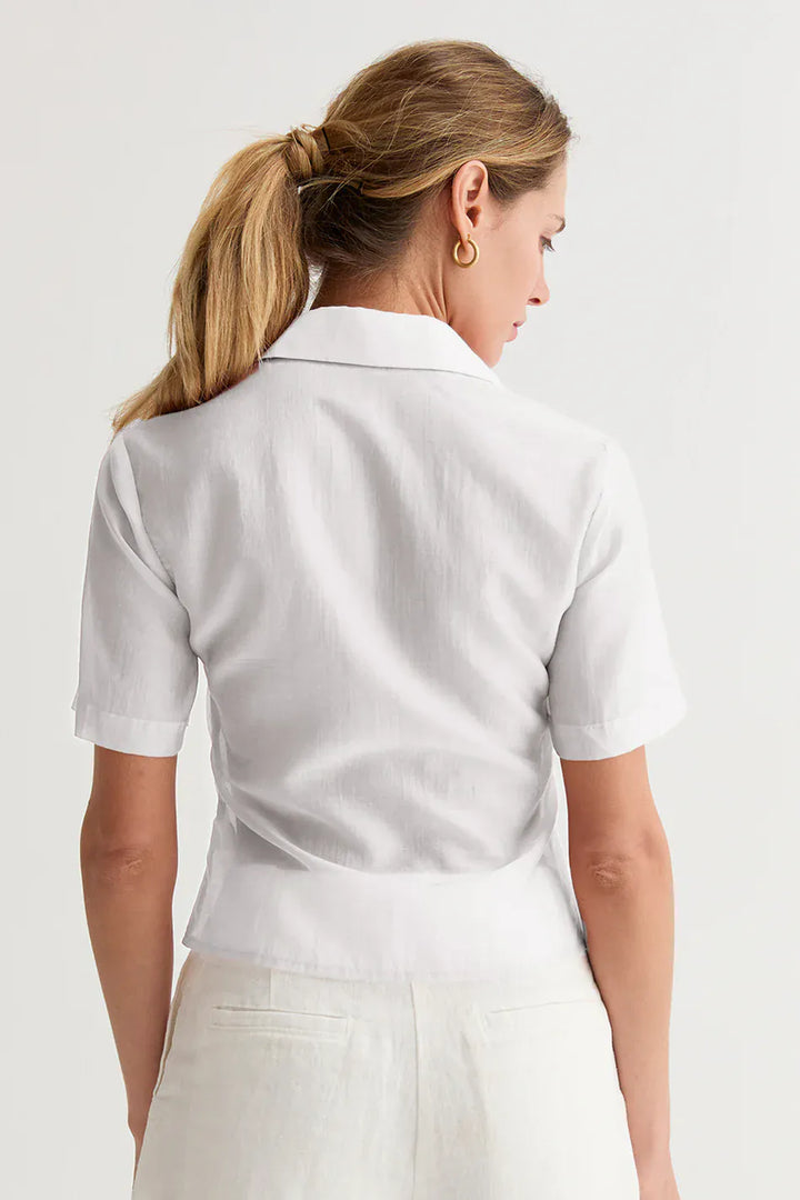 Crescent Lola Tencel button-up top in soft, lightweight fabric, featuring a classic collar and long sleeves.