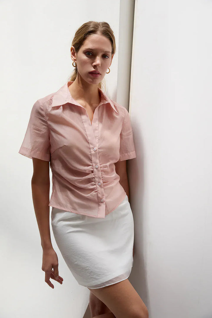 Crescent Lola Tencel button-up top in soft blue fabric with a classic collar and front buttons, casual and stylish for everyday wear.
