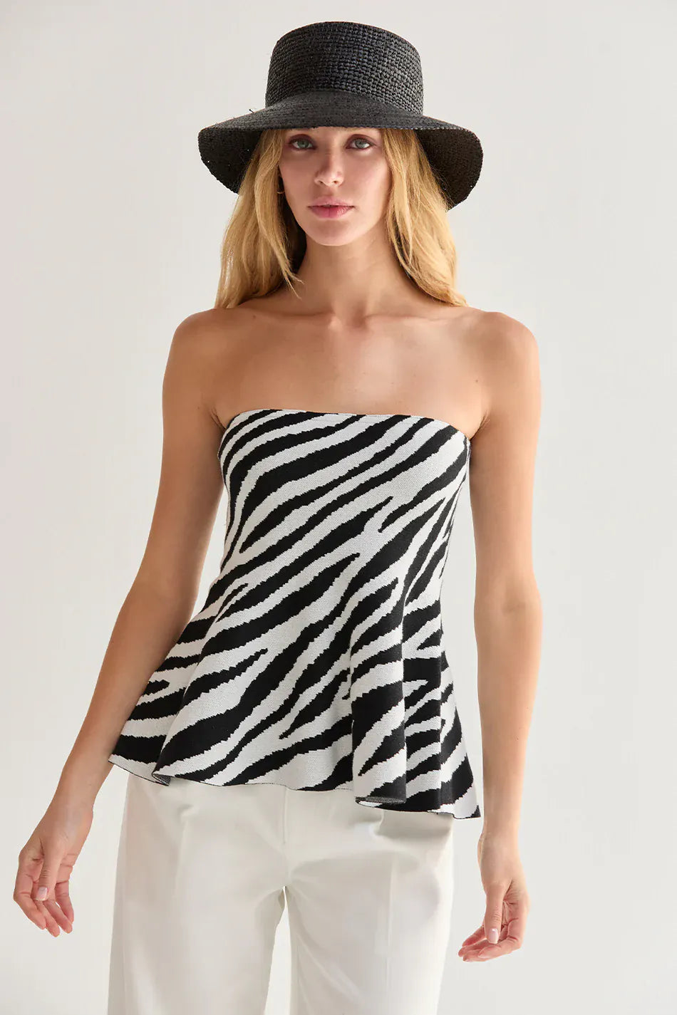Crescent Top White / Black / XS Izzy Zebra Print Jacquard Knit Peplum Top