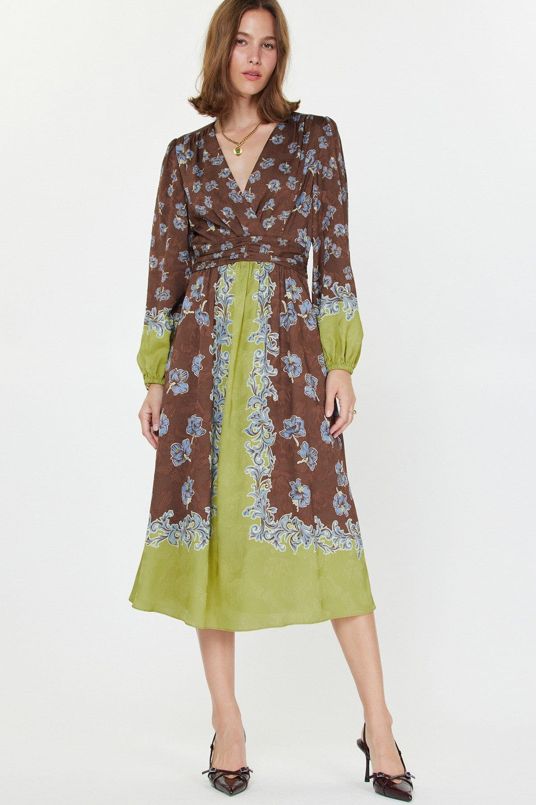 Eliana Floral Midi Dress Brown Lime Multi / L Eliana Floral Midi Dress Brown Lime Multi / L