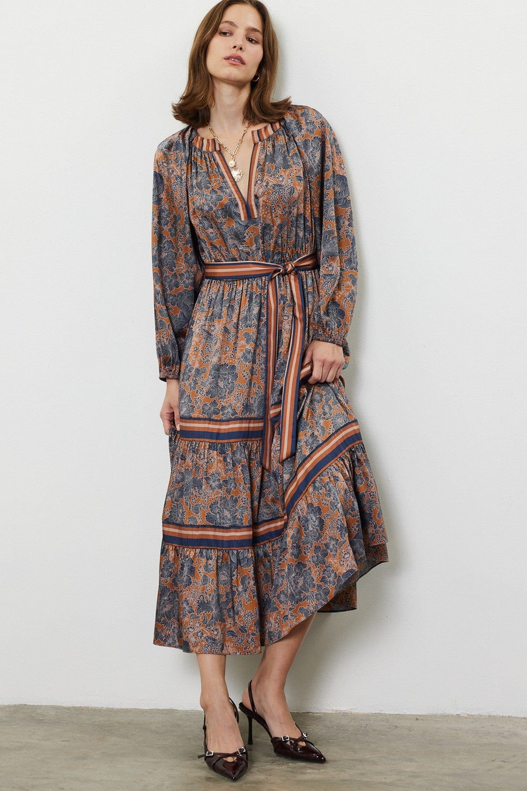 Current Air Dress Dark Brown / Navy Multi / XS Clara Print Tiered Dress