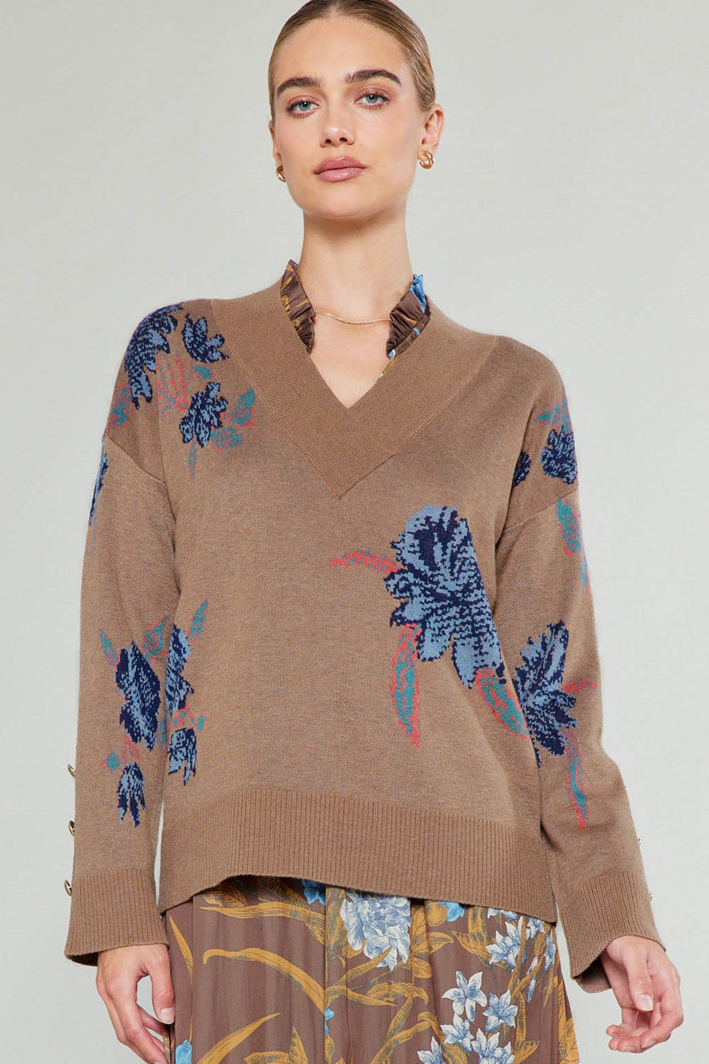 Current Air Sweater Brown Floral / XS Milani V-Neck Sweater