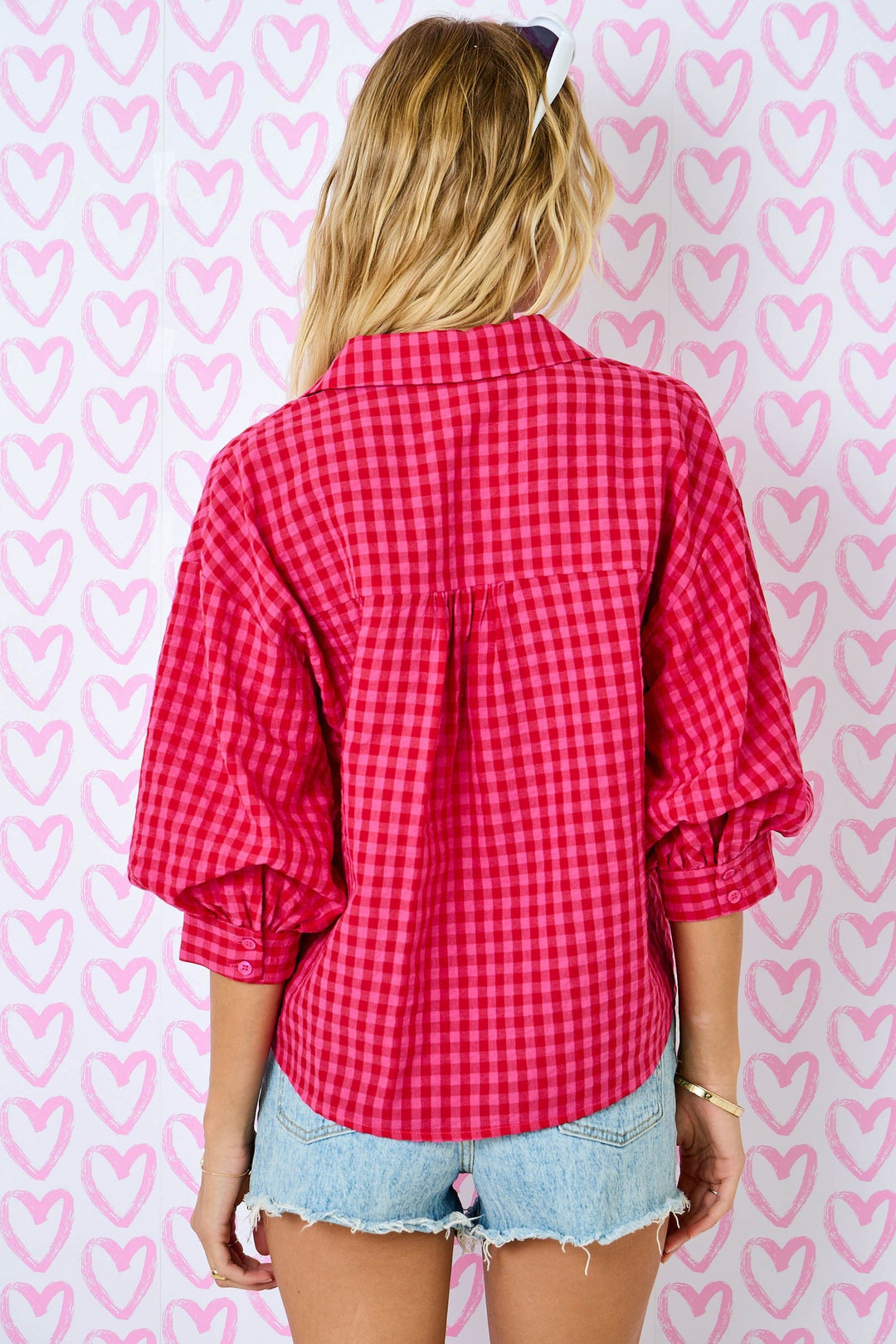 Day + Moon Top Gingham Bubble Sleeve Top