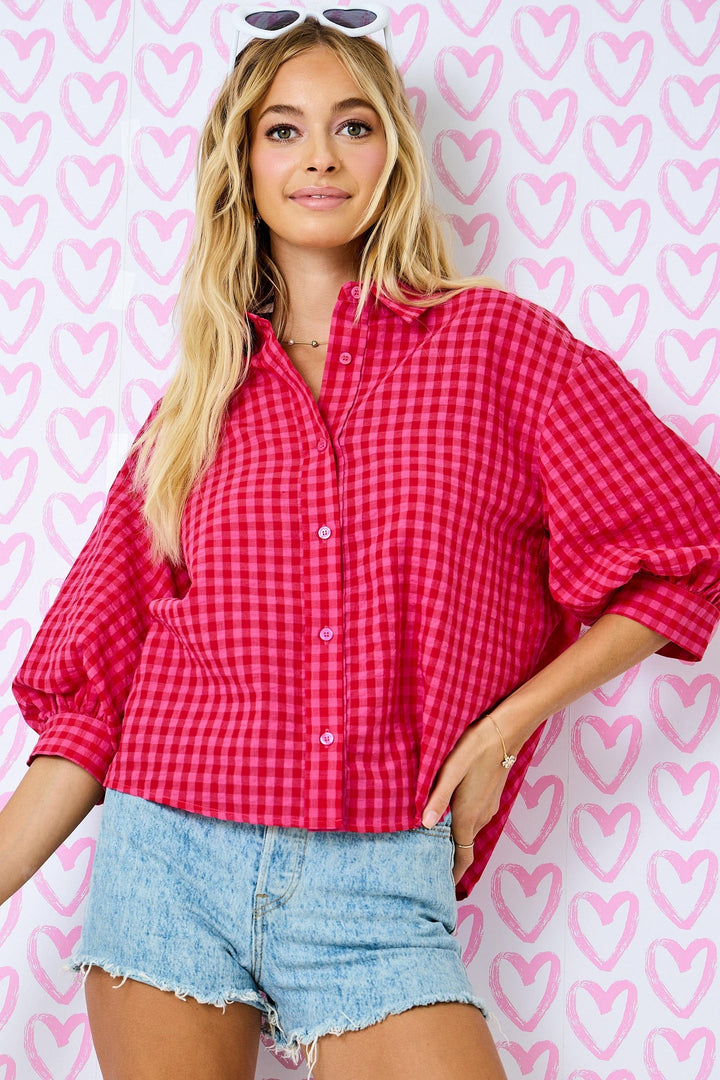 Day + Moon Top Gingham Bubble Sleeve Top