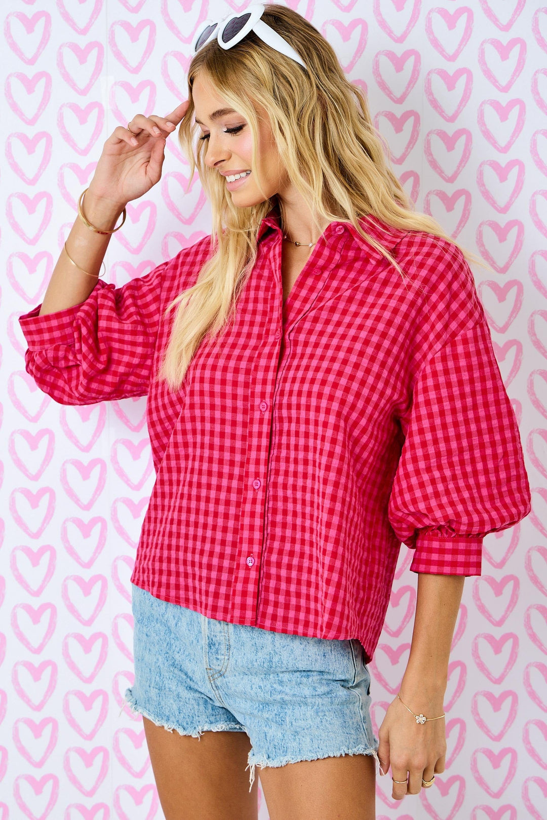 Day + Moon Top Gingham Bubble Sleeve Top