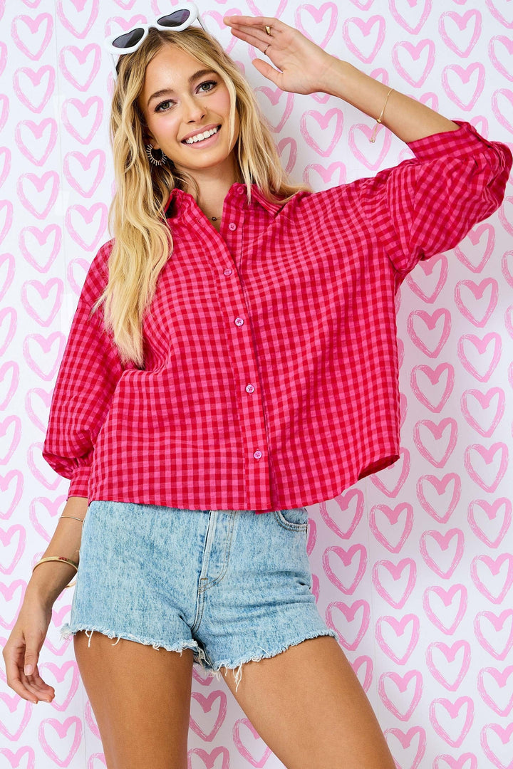 Day + Moon Top Red / Pink / S Gingham Bubble Sleeve Top