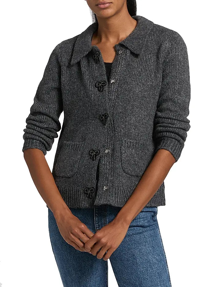 Design History Cardigan Summit Grey / S Beaded Bow Button Cardigan