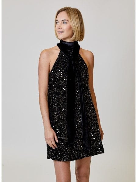 Design History Dress Black / S Mock Tie Sequin Dress