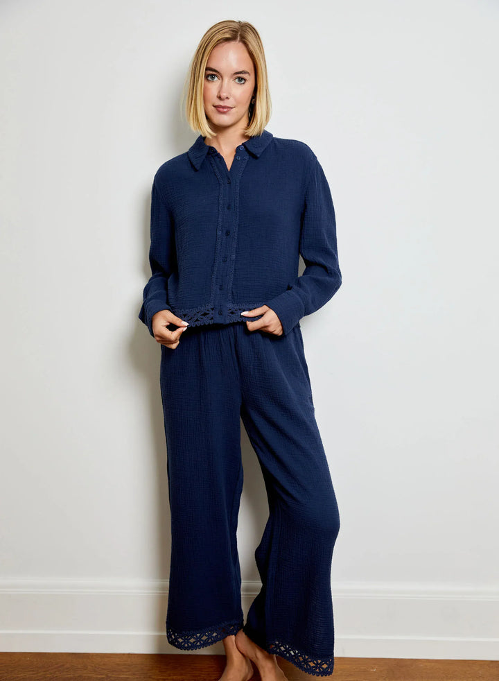 Design History New York Celine Gauze Lace Pants featuring lightweight, breathable fabric and intricate lace details.