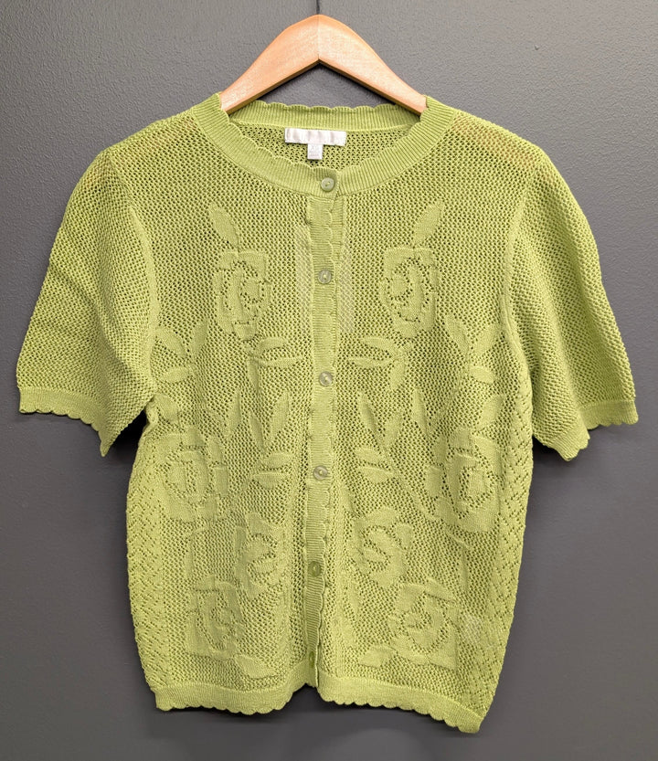 Lila open knit top by Design History New York, featuring a lightweight, breathable knit fabric in soft aloe color.