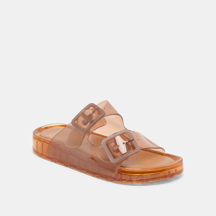 Dolce Vita Julio Sandals in whiskey vinyl with ankle strap and open toe design, stylish footwear for casual wear.