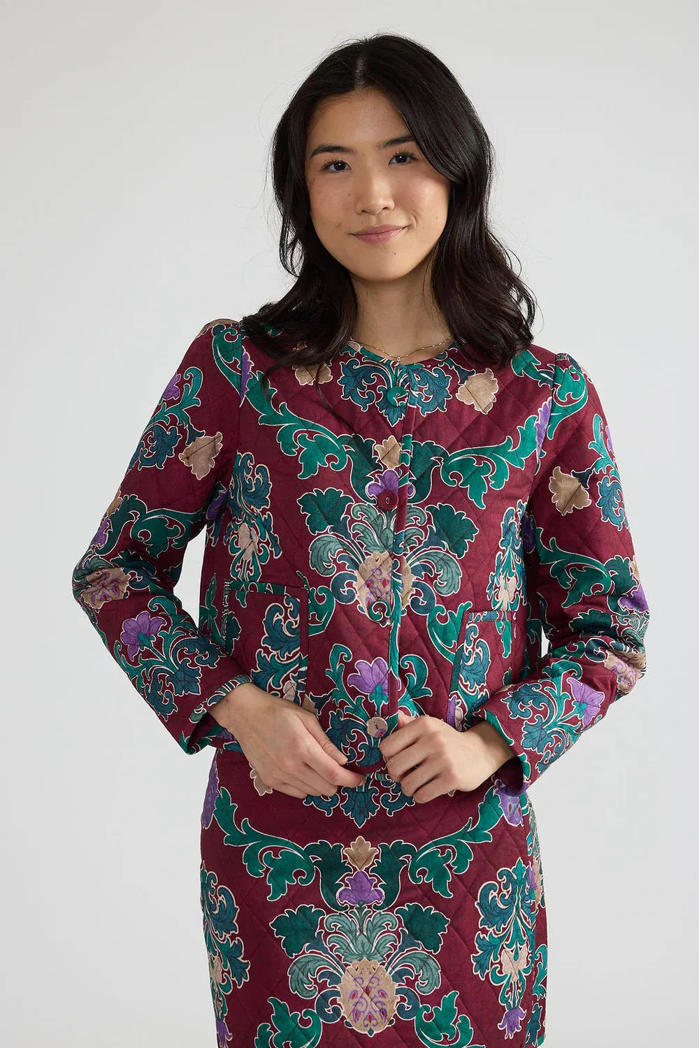 Double A Hazel Jacket in damask pattern, front view