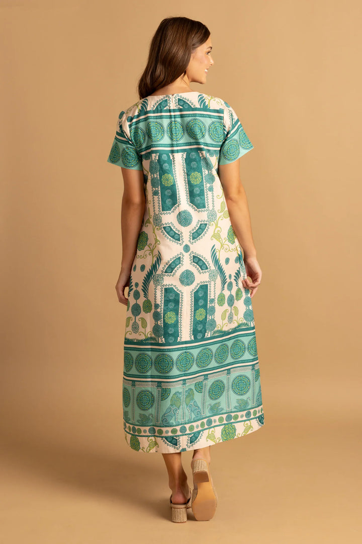Double A Ellie Maxi Dress in Parterre print, flowing fabric with floral pattern, sleeveless design, perfect for summer wear.