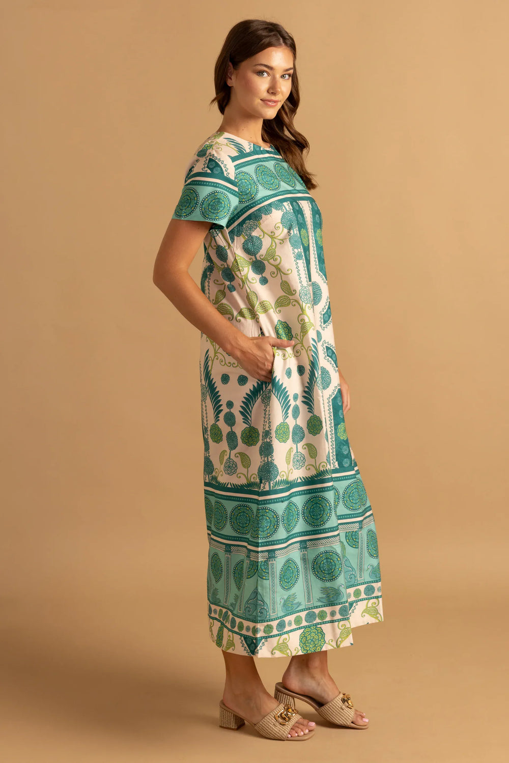 Double A Ellie Maxi Dress in Parterre print, flowing fabric with floral pattern, perfect for elegant summer wear.
