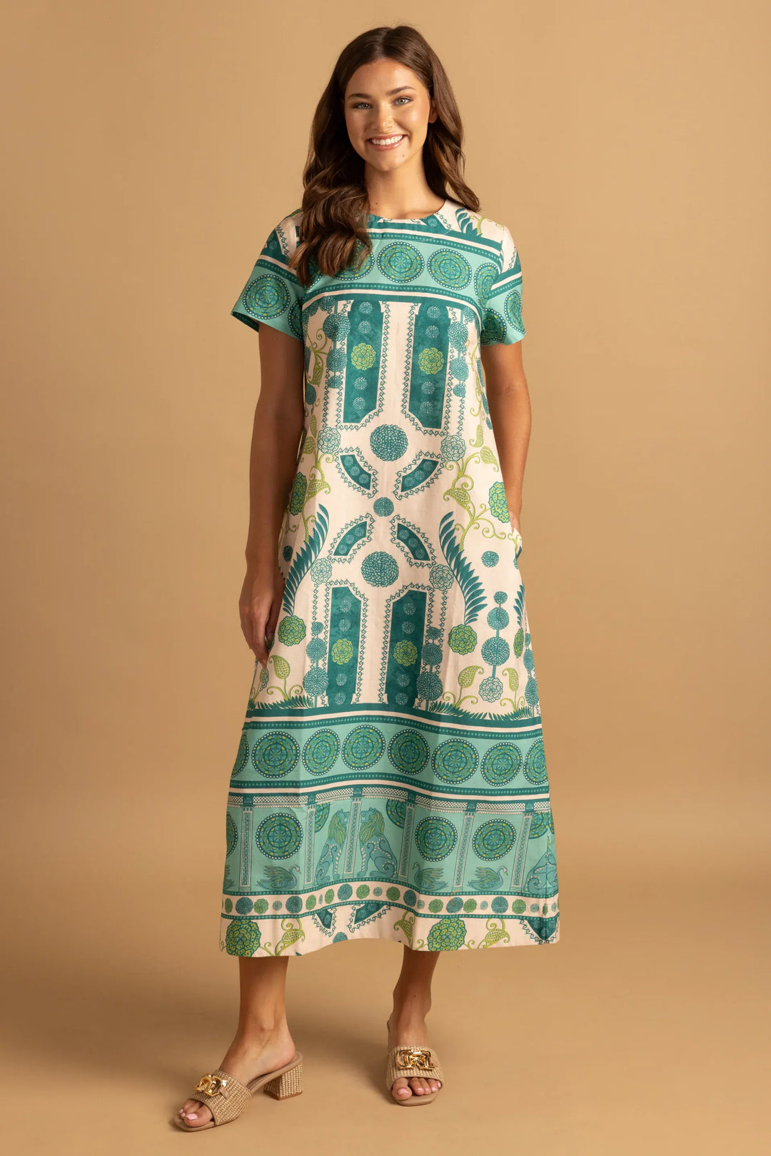 Double A Ellie Maxi Dress in Parterre print, lightweight and flowy, shown in size XS with floral pattern and elegant design.