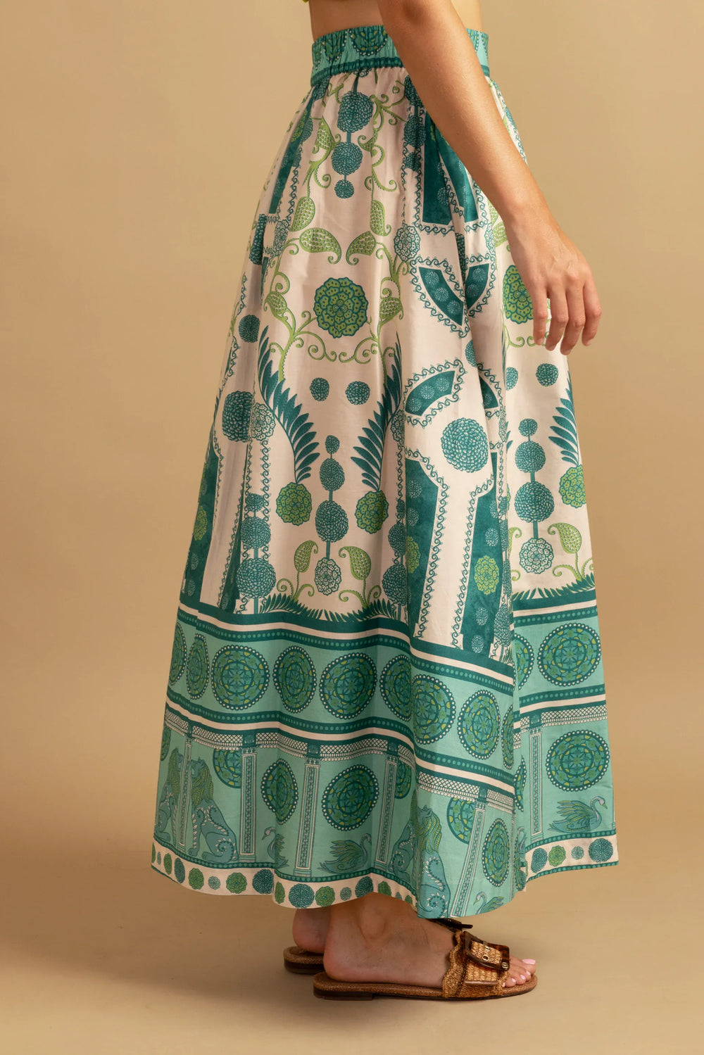 Double A Maeve Maxi Skirt in flowing fabric with a stylish design, shown in a full-length view.