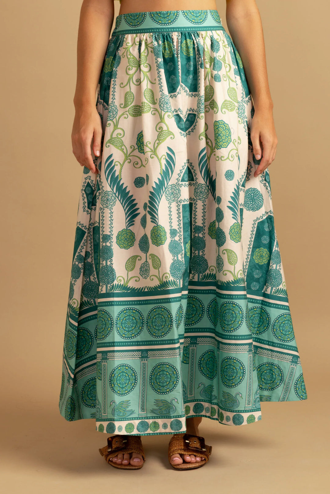Double A Maeve Maxi Skirt in Parterre pattern, featuring lightweight fabric and a flowy silhouette, shown in XS size.