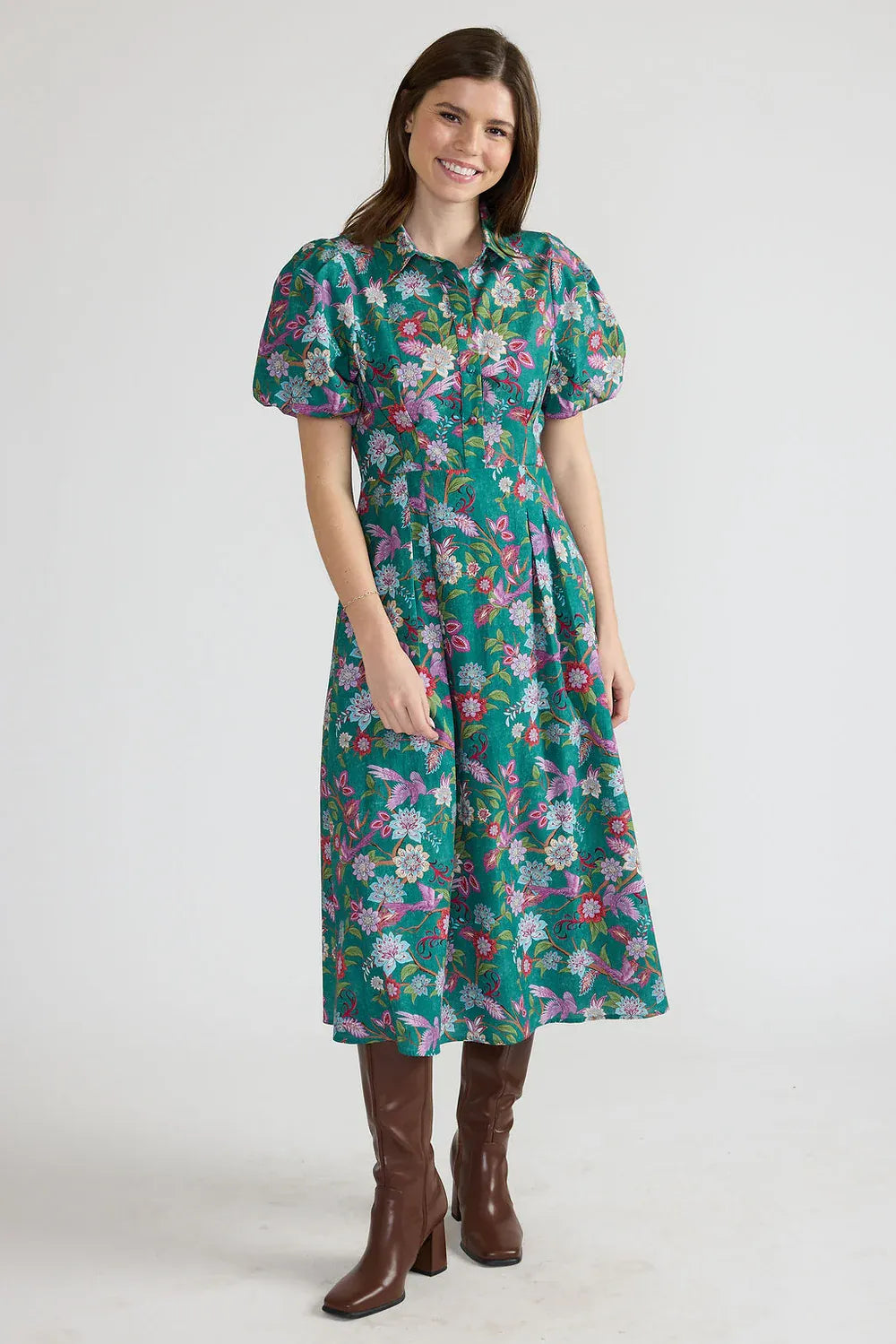 Double A Emmett midi dress in Jewel Garden print, shown in a flattering silhouette