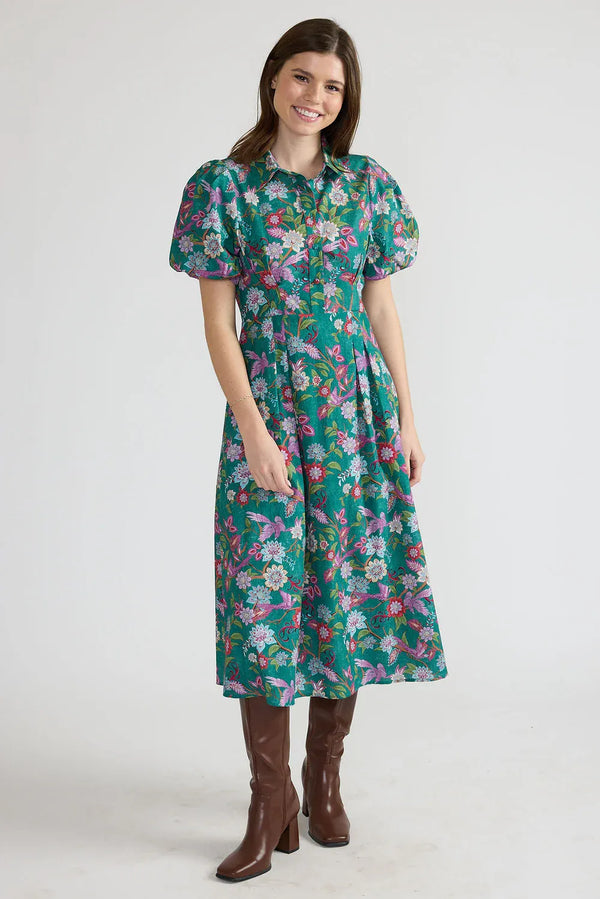 Double A Emmett midi dress in Jewel Garden print, shown in a flattering silhouette
