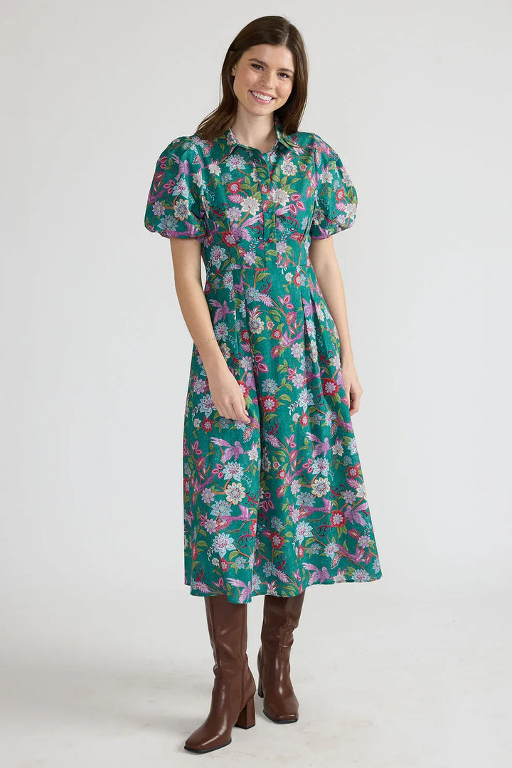 Double A Emmett midi dress in Jewel Garden print, shown in a flattering silhouette