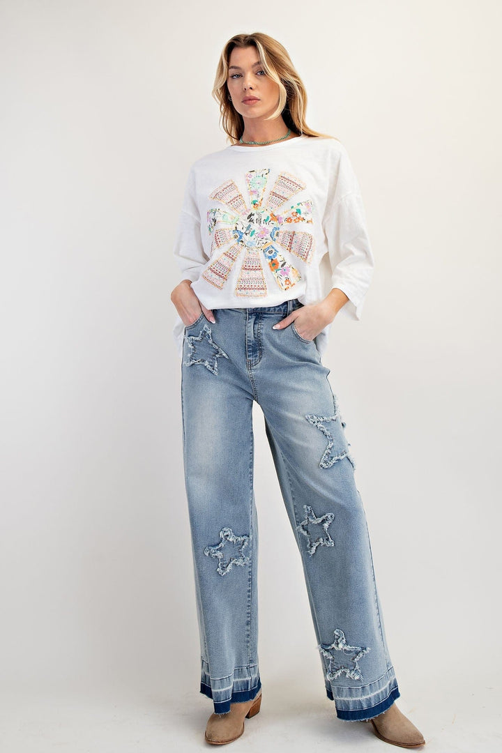 Easel Denim Star Patch Washed Denim Pants