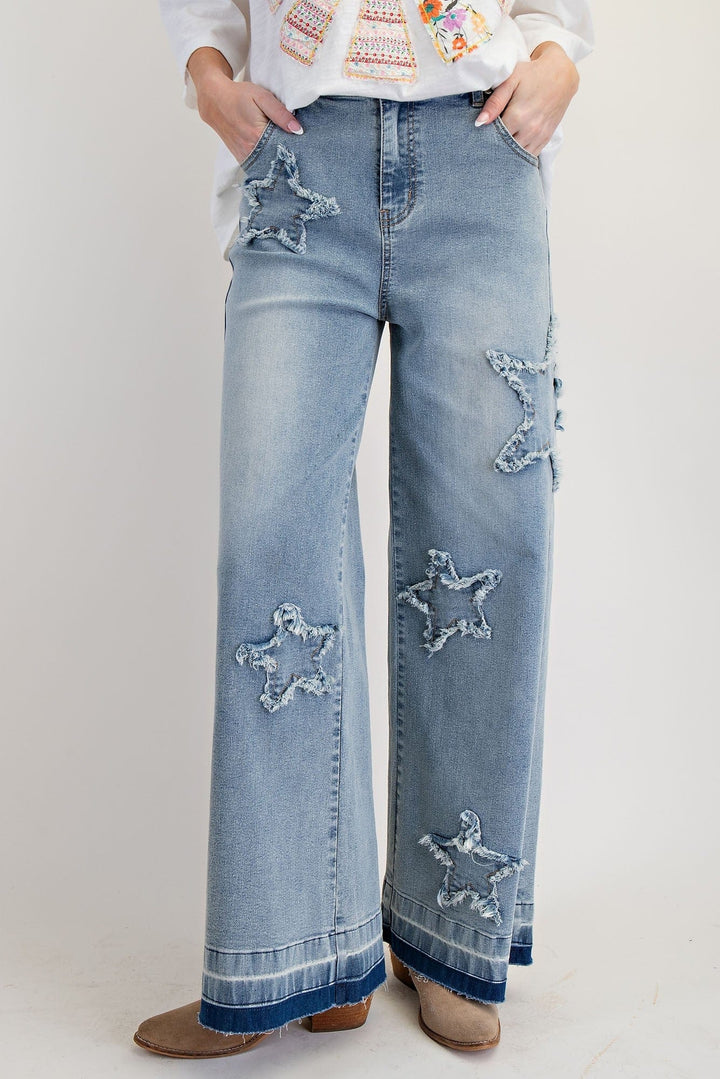 Easel Denim Star Patch Washed Denim Pants