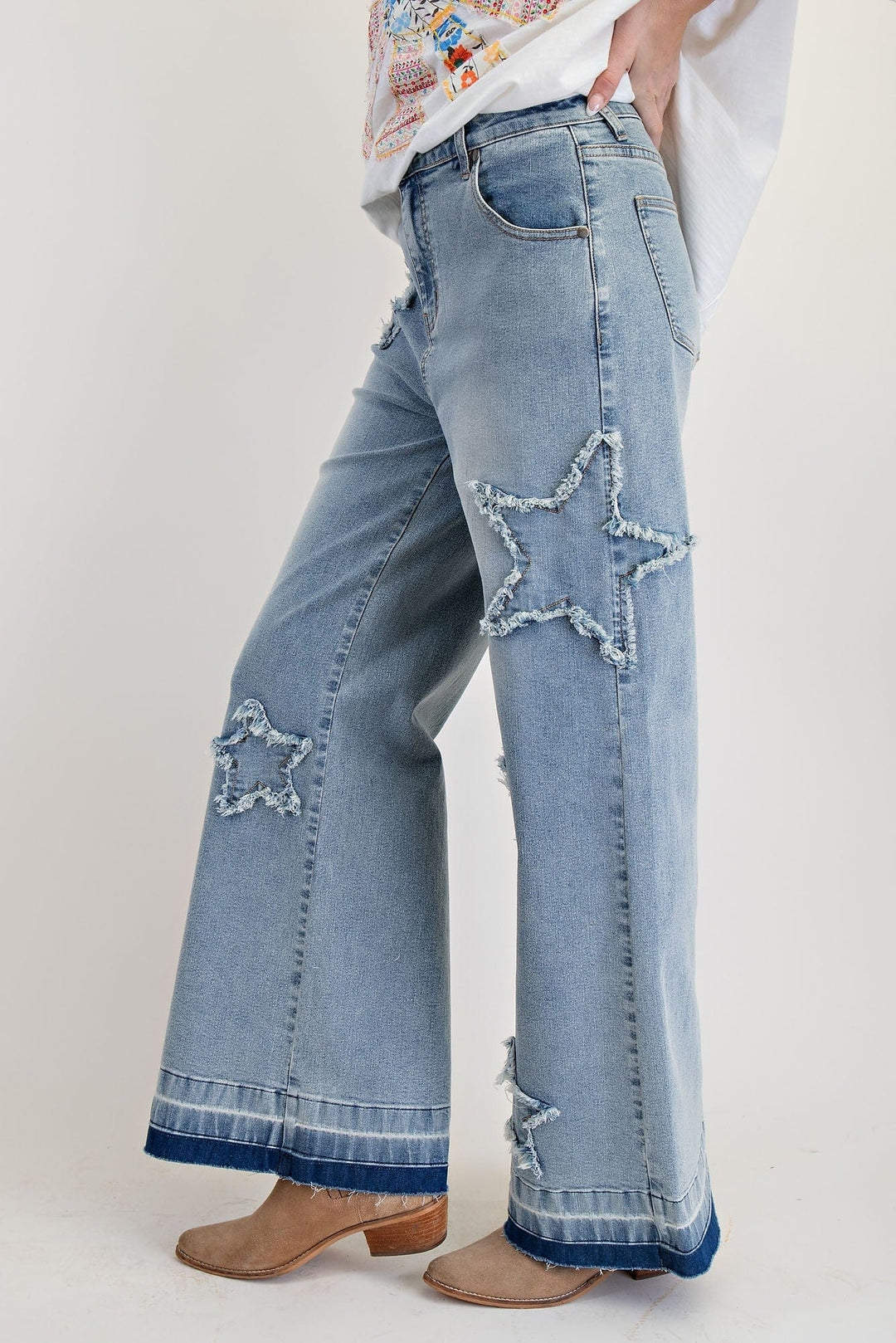 Easel Denim Star Patch Washed Denim Pants