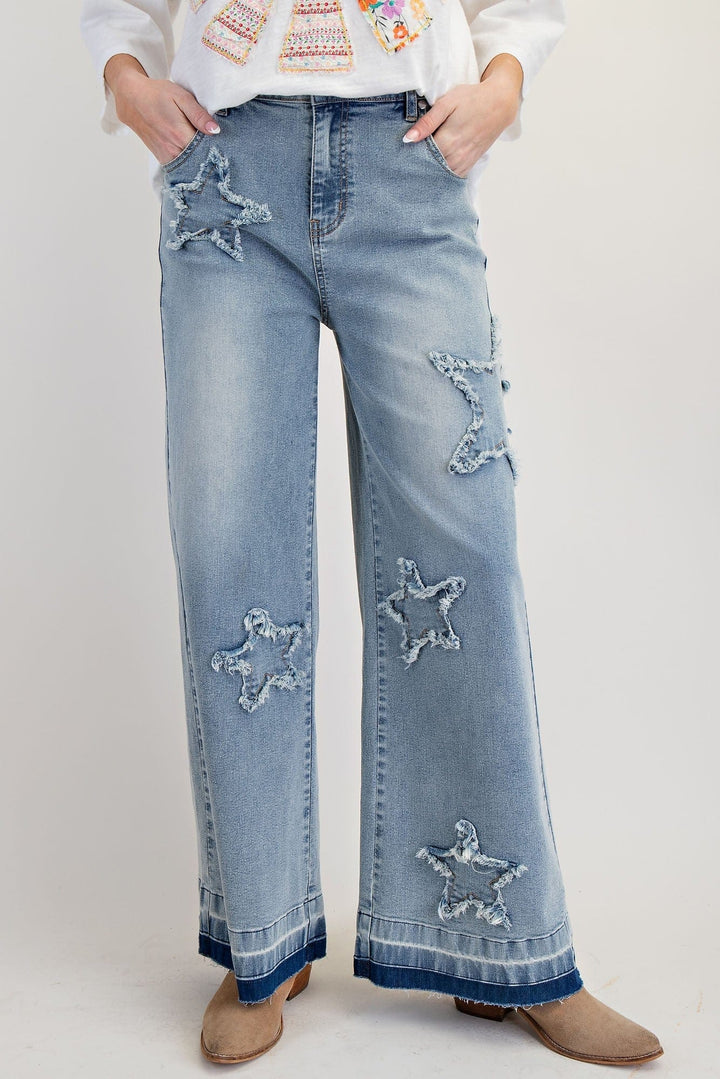 Easel Denim Washed Denim / S Star Patch Washed Denim Pants