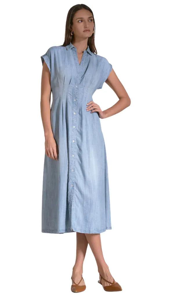 Blue denim Ellie Tencel midi dress by Elan, featuring a relaxed fit, sleeveless design, and midi length, perfect for casual wear.