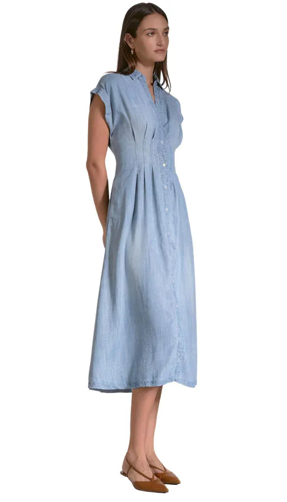Elan Ellie Tencel midi dress displayed on a hanger, featuring a flowy silhouette and soft, lightweight fabric.