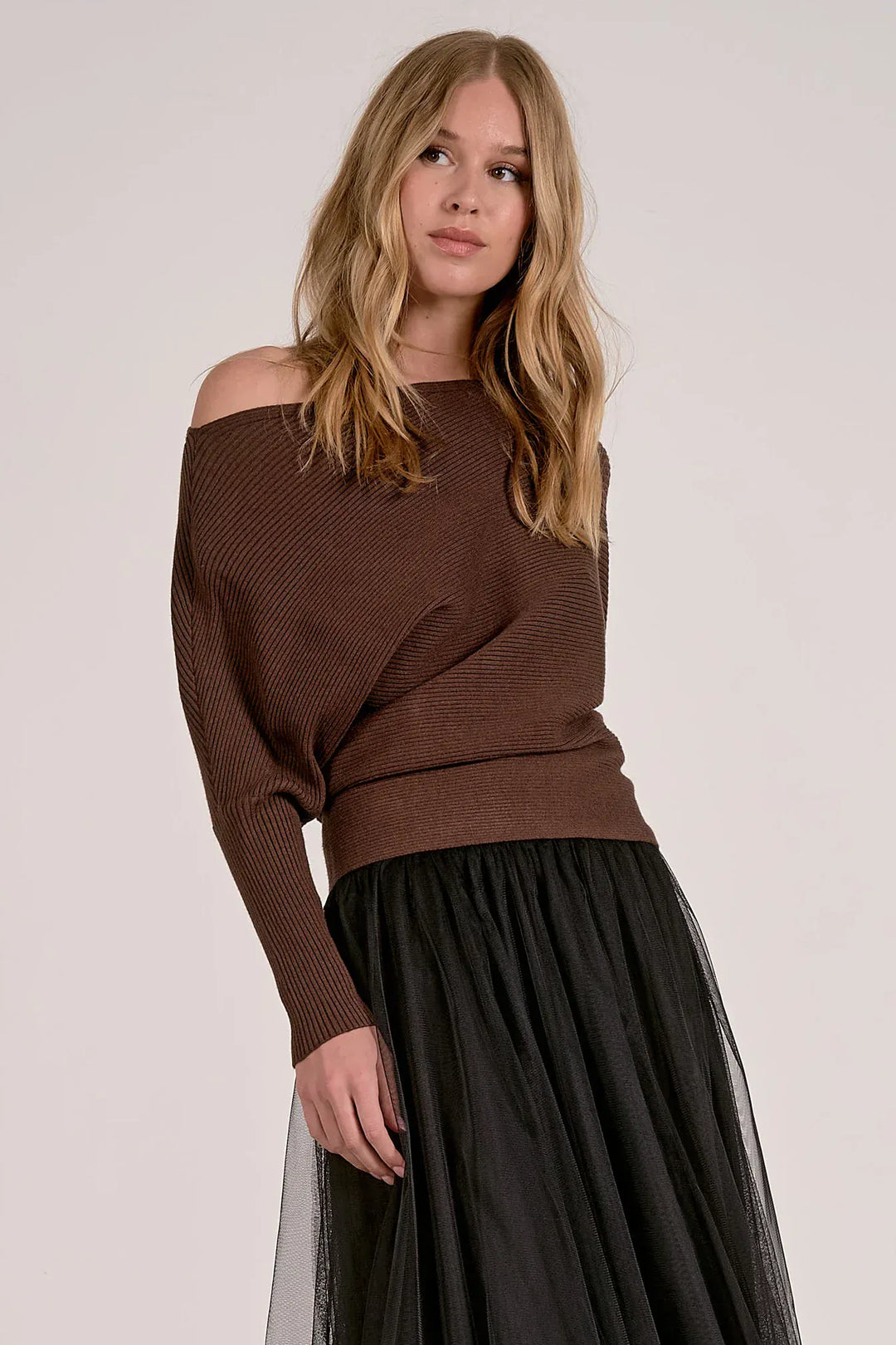 Elan Sweater Chocolate / S Alaya Off Shoulder Sweater