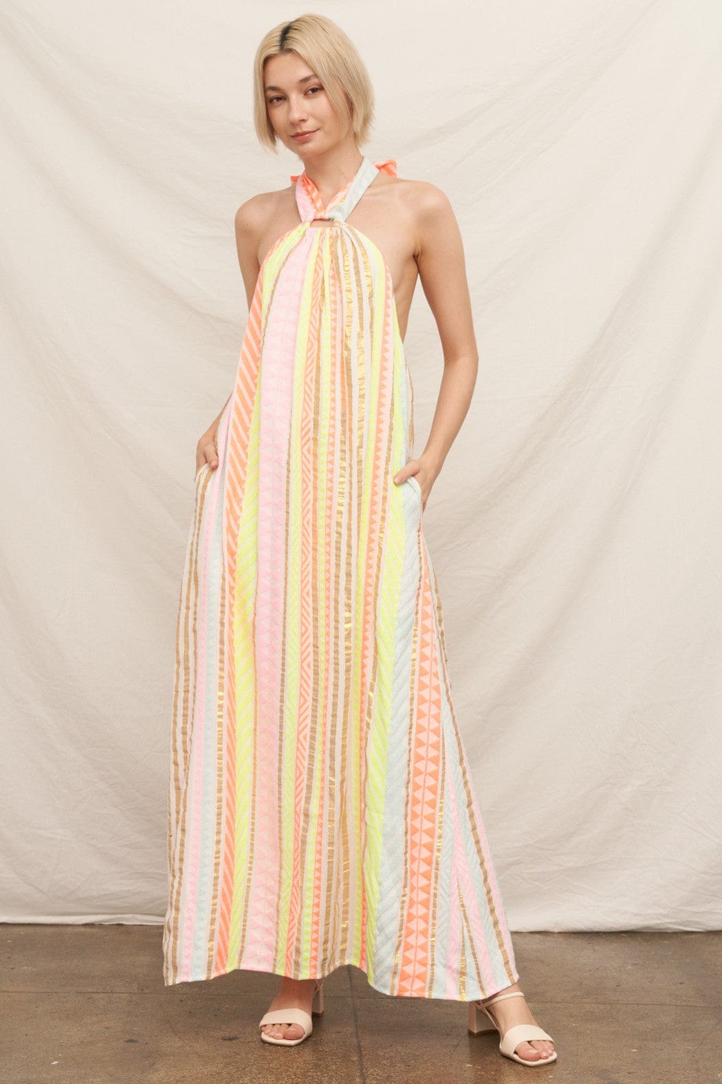 En Creme Dress Pink Neon / S Talia Lurex Striped Maxi Dress