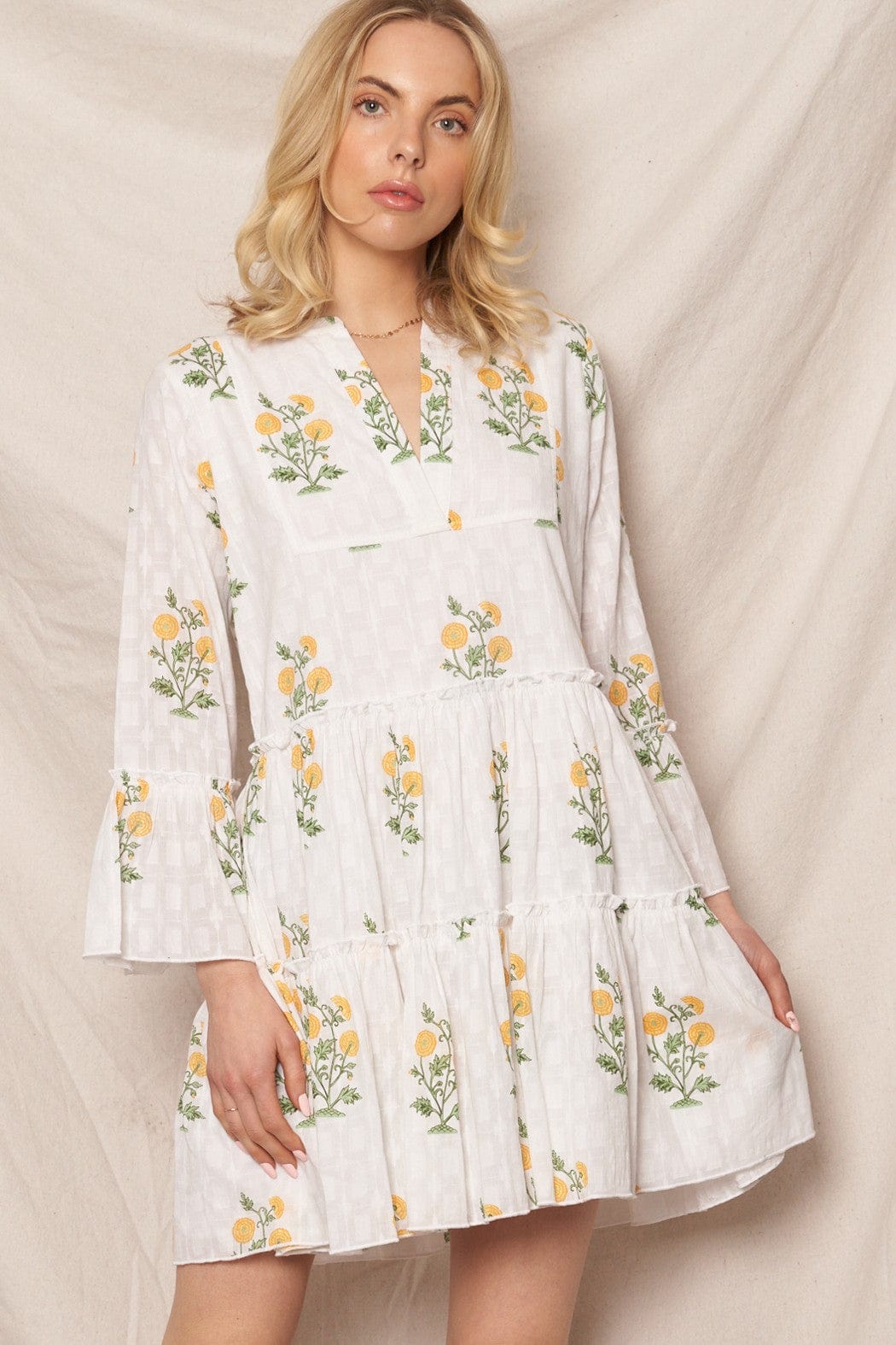 En Creme Dress White Green Yellow / S Kiara Flower Pring Mini Dress