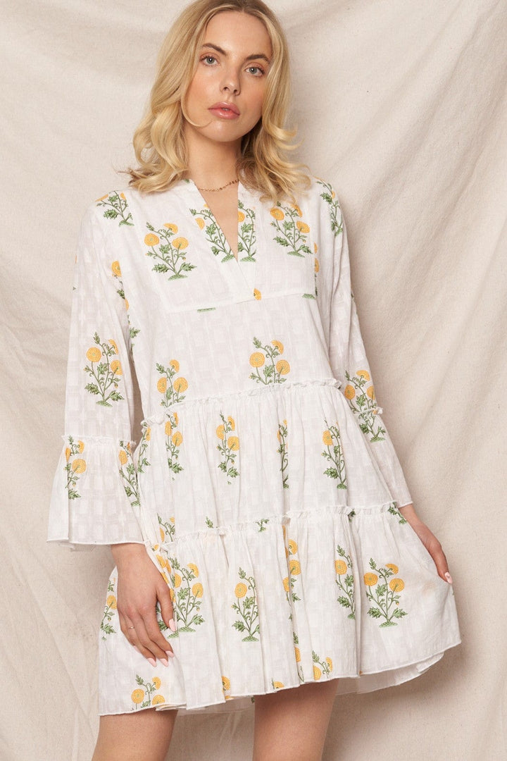 En Creme Dress White Green Yellow / S Kiara Flower Pring Mini Dress