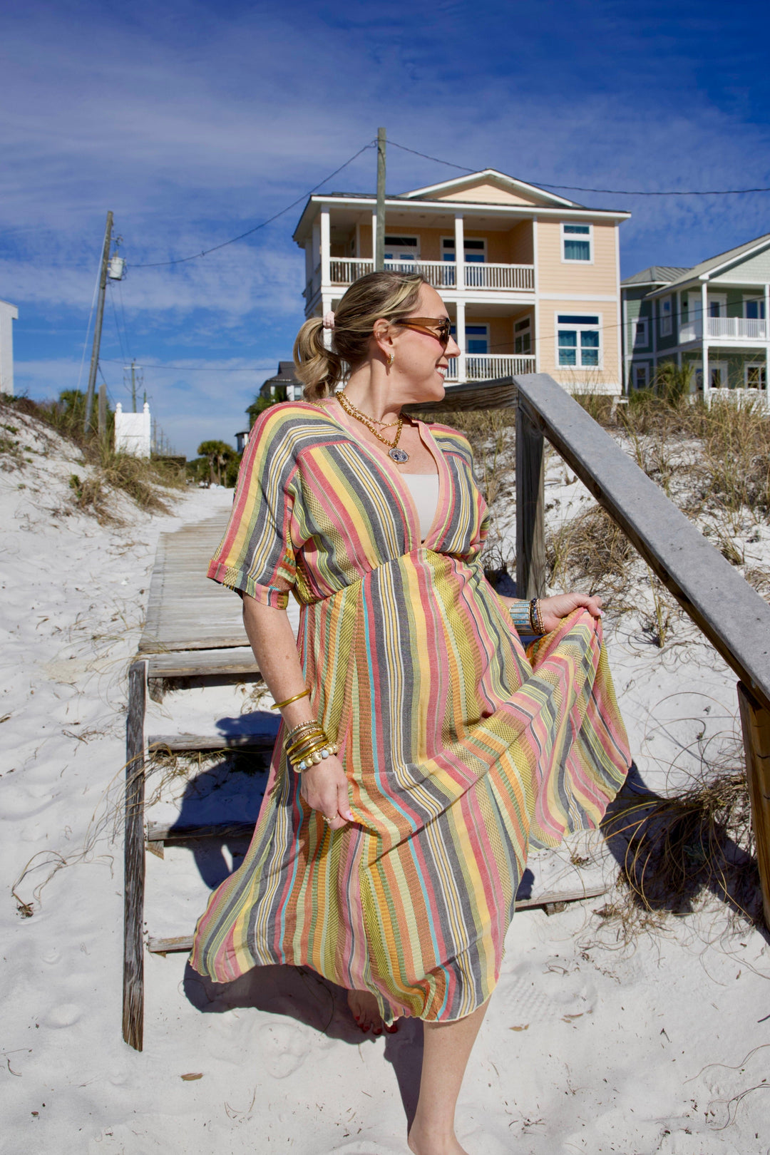 Zara Kimono Sleeve Stripe Dress – Teal Poppy