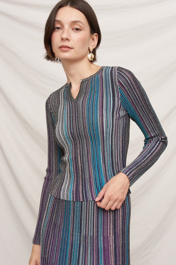 En Creme Madilyn striped top in black, blue, and multi-color pattern