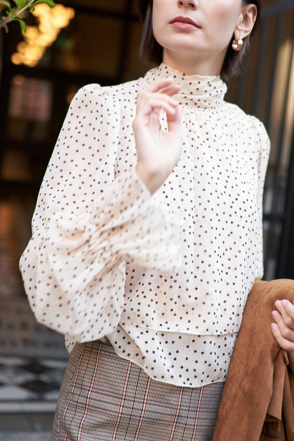 En Creme Fiona polka dot top with a playful dotted pattern and feminine silhouette