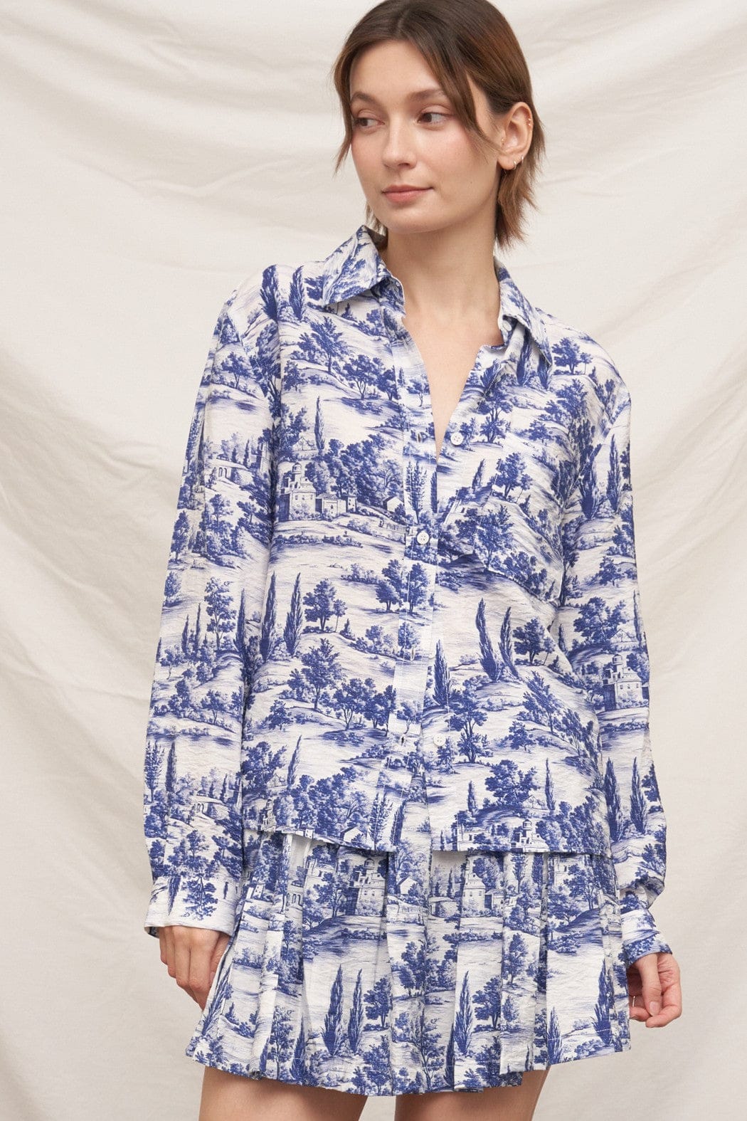 En Creme Top White Blue / XS Melany Toile Print Top