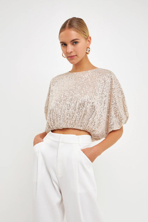 Endless Rose Top Sequins Cropped Puff Top