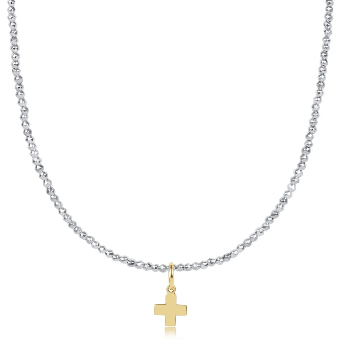 enewton Necklace Choker Bright Silver Faceted Hematite 2mm Bead - Signature Cross Gold Charm