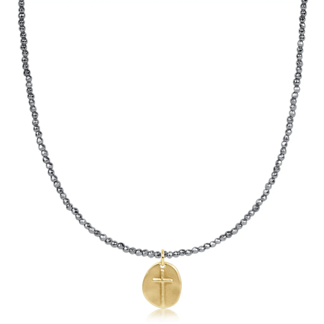 enewton Necklace Choker Silver Faceted Hematite 2mm Bead - Inspire Small Gold Charm