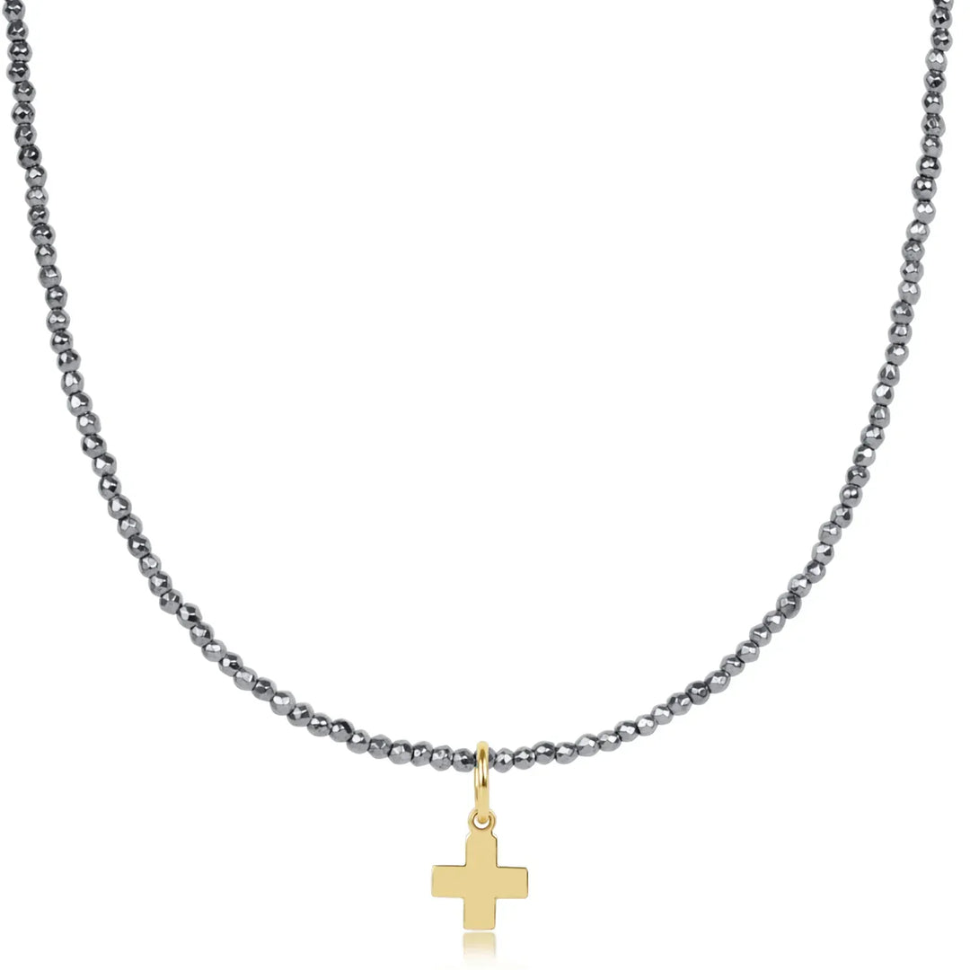 enewton Necklace Choker Silver Faceted Hematite 2mm Bead - Signature Cross Gold Charm
